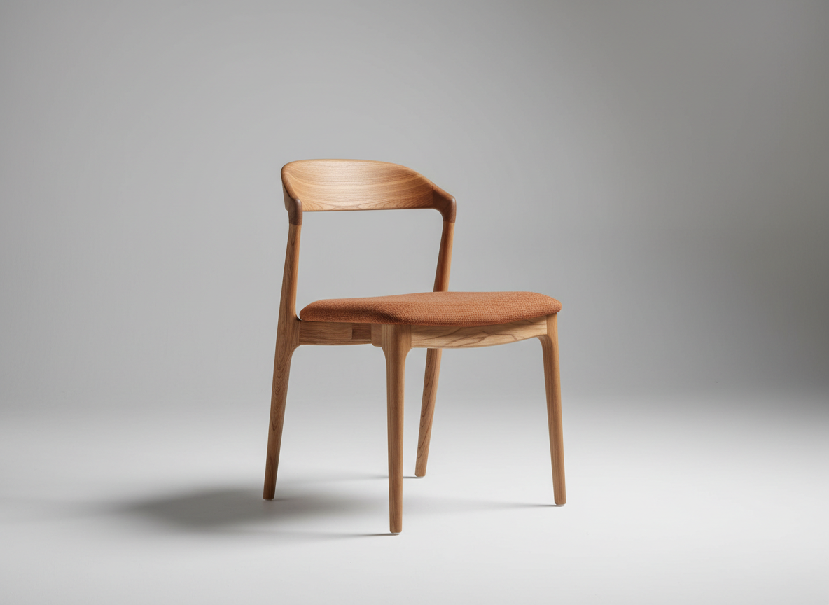 A clean product-shot style composition of a single Austrian designer dining chair, crafted from steam-bent beech wood with a natural oil finish, featuring a finely curved backrest and a slender, upholstered seat in warm rust-colored wool. The chair is positioned on a seamless light grey studio backdrop, with soft, diffused studio lighting from both sides to reveal the grain of the wood and the texture of the fabric without harsh shadows. The camera is positioned at chair height, slightly angled to show both the profile and front legs. Photographic realism with crisp focus and minimalistic aesthetic, perfect for a product listing. The mood is precise, professional, and quietly luxurious, highlighting craftsmanship and detail for a design furniture marketplace.