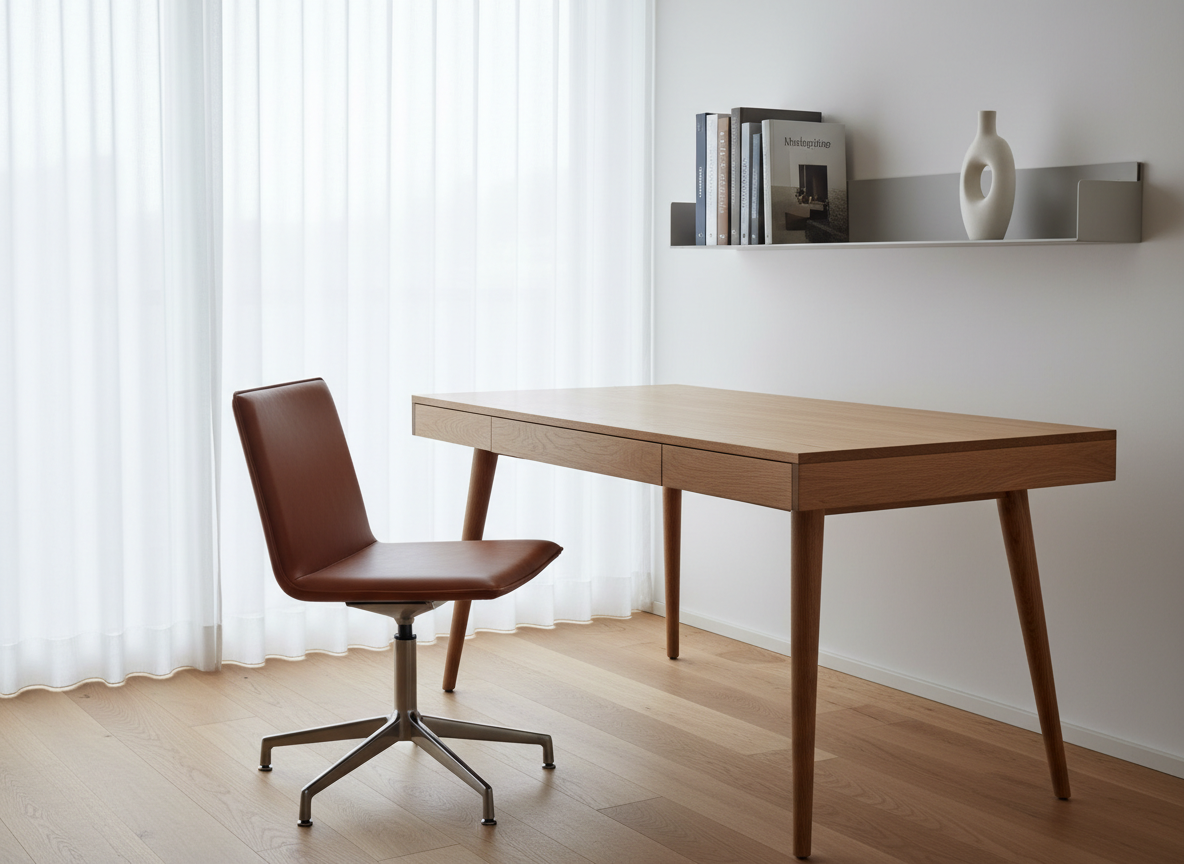 A sophisticated home office setup featuring a minimalist Austrian designer writing desk in light oak with chamfered edges and tapered legs, complemented by a slim, leather-upholstered swivel chair in cognac brown on a brushed aluminum base. The desk sits near a large window with sheer white curtains, allowing gentle, overcast natural light to fill the space and create soft reflections on the desk surface. A discreet modular shelf in matte white floats on the wall behind, holding a few architecture books and a single sculptural vase. Captured with photographic realism from a three-quarter angle at seated eye level, the composition balances desk and shelving in asymmetrical harmony. The mood is focused, calm, and highly professional, ideal for showcasing workspace design options on an Austrian design furniture platform.