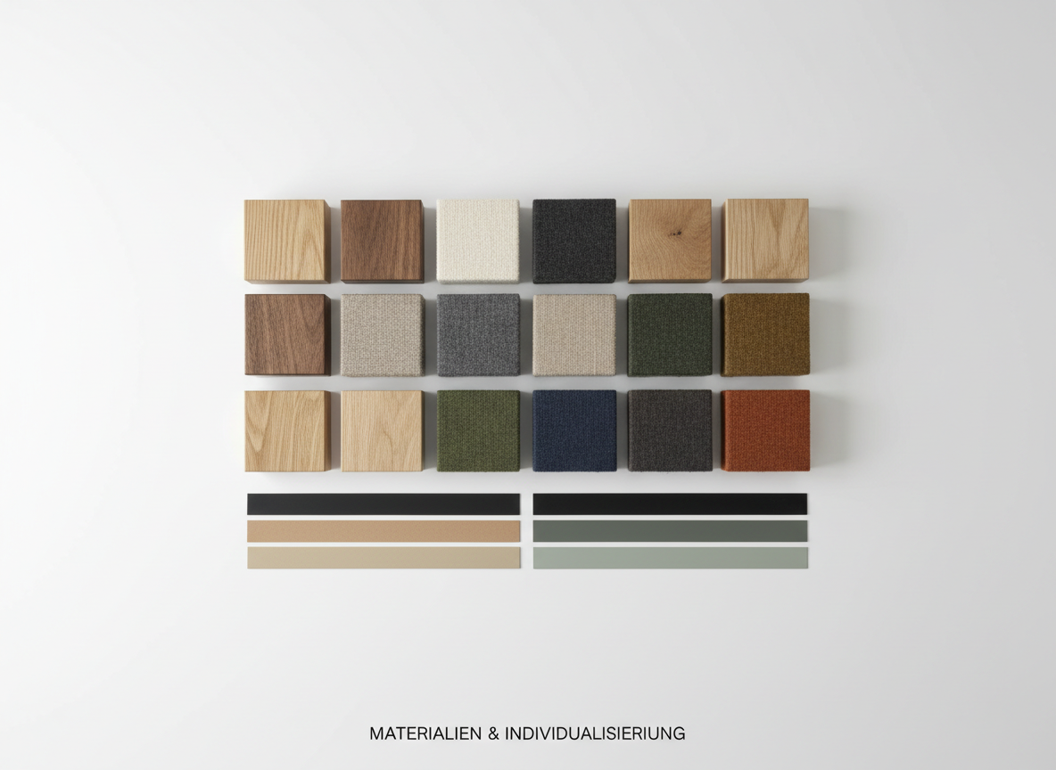 An overhead, flat-lay arrangement of Austrian design furniture material samples on a pristine white table: small blocks of solid oak, walnut, and ash with visible grain; swatches of tightly woven wool, felt, and linen in warm neutrals and deep forest tones; and slim strips of powder-coated metal in matte black, sand, and soft sage. Soft, even studio lighting from above eliminates harsh shadows while still giving dimensionality to the textures. Photographic realism with sharp focus across the entire frame. The composition follows a precise grid layout, conveying organization and quality. The mood is analytical yet inspiring, perfect for an Austrian design furniture marketplace page about materials, finishes, and customization options.
