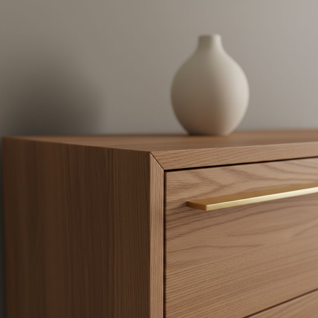 A carefully composed close-up of an Austrian designer sideboard corner, focusing on craftsmanship details: the precise mitered joint of smoked oak veneer, a finely milled handle in brushed brass, and the subtle shadow gap between door and frame. The surface holds a single matte porcelain vessel in soft white. The sideboard stands against a smooth, warm grey wall. Side lighting from the left with soft studio diffusion accentuates edges and textures, creating delicate highlights on the brass and a gentle fall-off across the wood grain. Photographic realism with a macro-style, shallow depth of field, the joint and handle sharply in focus while the background softly blurs. The mood is meticulous, elegant, and technical, perfect for a product detail section on an Austrian design furniture site.