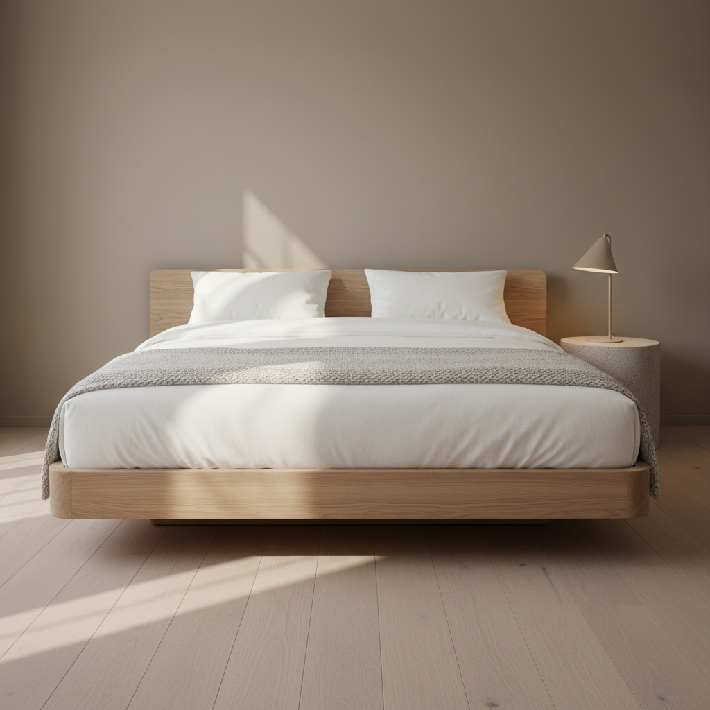 A serene bedroom scene featuring an Austrian-designed low platform bed in natural ash wood with rounded corners and a floating effect, dressed in crisp white linen with a textured light grey wool throw folded at the foot. A compact cylindrical bedside table in speckled concrete holds a simple, dimly lit designer table lamp in matte beige. The floor is pale oak, and the wall behind the bed is painted in a muted warm greige. Soft morning light filters in from an unseen window, creating gentle shadows behind the bed and a calm glow on the linens. Photographic realism from a straight-on, eye-level perspective with balanced composition. The mood is tranquil, refined, and hotel-like, ideal for showcasing bedroom furniture on an Austrian design marketplace.
