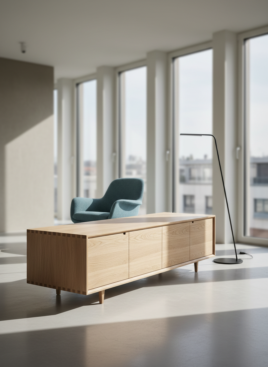 A curated arrangement of high-end Austrian design furniture in a bright, minimalist loft interior. A low, solid oak sideboard with precise joinery and a matte natural finish anchors the scene, paired with a sculptural wool-upholstered lounge chair in muted petrol blue and a sleek black metal floor lamp with a slender stem. The pieces sit on a light grey polished concrete floor, near full-height windows that let in soft, diffused daylight, casting gentle, elongated shadows. Shot at eye level with photographic realism and a shallow depth of field, the foreground furniture is in crisp focus while the background fades into a subtle bokeh of neutral-toned walls. The mood is professional, calm, and sophisticated, ideal for a design marketplace homepage hero image.