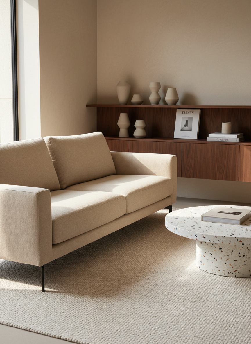 A meticulously styled living room corner featuring a contemporary Austrian designer sofa in light sand-colored linen with clean, rectilinear lines and slim black steel legs. In front of it stands a round, white terrazzo coffee table with colorful stone fragments, atop a finely woven, off-white wool rug. Behind, a wall-mounted walnut shelf system displays a few geometric ceramic vases and design books. Soft afternoon natural light enters from the left, creating a gentle gradient across the fabric and subtle highlights on the terrazzo surface. Photographic realism with a slightly elevated angle and rule-of-thirds composition, ensuring ample negative space for text overlay. The mood is welcoming yet upscale, emphasizing refined taste and high-quality materials for an Austrian design furniture marketplace.