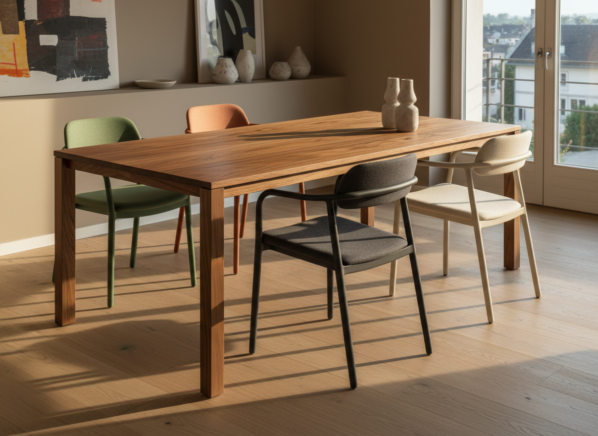 A dining area scene showcasing Austrian design classics reinterpreted in a contemporary way: a solid smoked-oak dining table with a thin, beveled top and visible end grain, surrounded by four mismatched yet harmonious designer chairs in muted tones of moss, clay, charcoal, and bone. The set stands on a wide-plank oak floor with a subtle matte finish, against a warm, light taupe wall. Early evening golden-hour light enters from the right, creating long, soft shadows and a gentle glow along the table edge. Shot with photographic realism from a slightly elevated angle, maintaining sharp focus on all furniture while the background remains softly understated. The mood is convivial yet refined, suggesting intimate dinners and design-conscious gatherings for an Austrian design furniture marketplace.