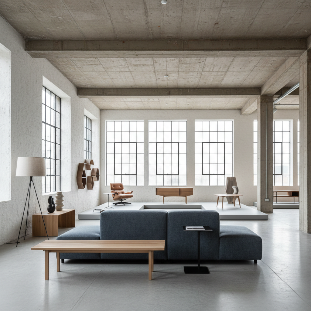 A spacious, architecturally striking loft in Vienna converted into a design furniture showroom, filled exclusively with Austrian contemporary pieces. A modular, low-profile sofa in slate grey wool forms a central island, complemented by a pale oak slatted bench and a black powder-coated steel side table with a thin profile. The room has white plaster walls, exposed concrete ceiling, and large industrial windows flooding the space with bright, diffused daylight. Photographic realism with a wide-angle lens at eye level, preserving straight verticals for an architectural feel. The composition leads the eye from foreground sofa to background display plinths with more furniture silhouettes, softly out of focus. The mood is gallery-like, professional, and aspirational, suited for a marketplace landing page about discovering Austrian design furniture brands.