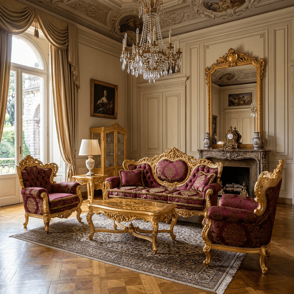Living room with gold-accented antique sofa, armchairs with purple upholstery, wooden coffee table, large ornate mirror, and crystal chandelier