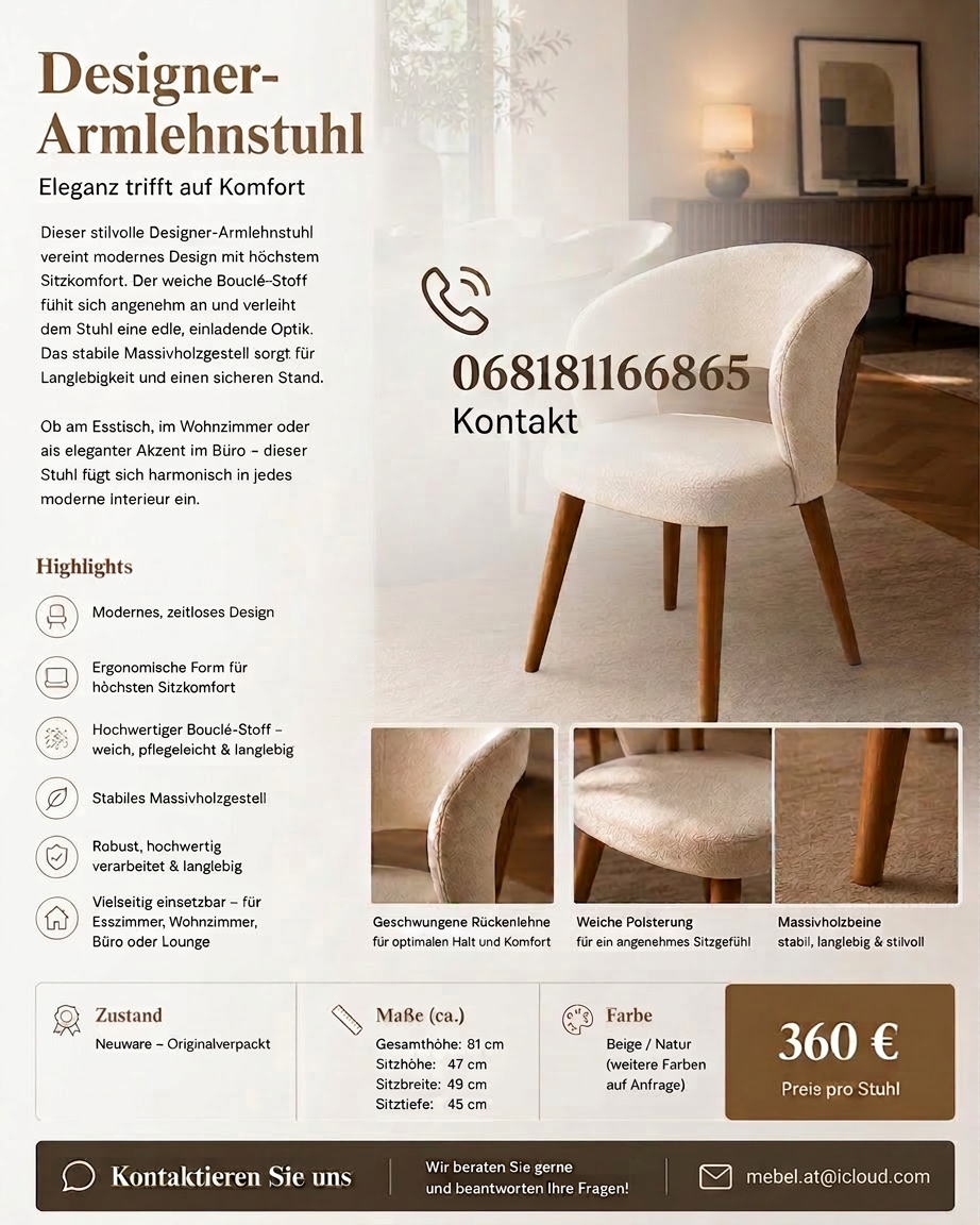 Designer armchair with beige bouclé upholstery and wooden legs, product details and contact number 068181166865