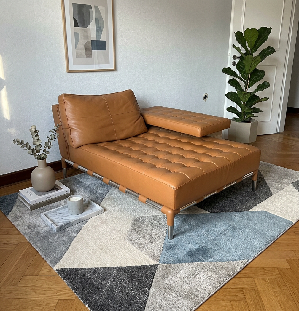 Brown leather chaise lounge with tufted design on a geometric rug with a vase, books, and candle beside it.