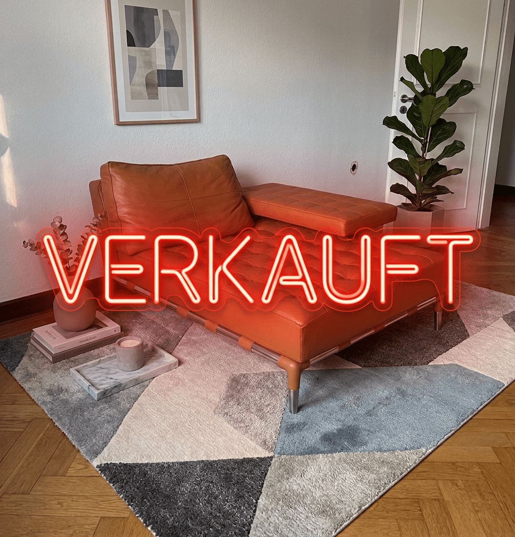 Brown leather chaise lounge with tufted design on a geometric rug with a vase, books, and candle beside it.